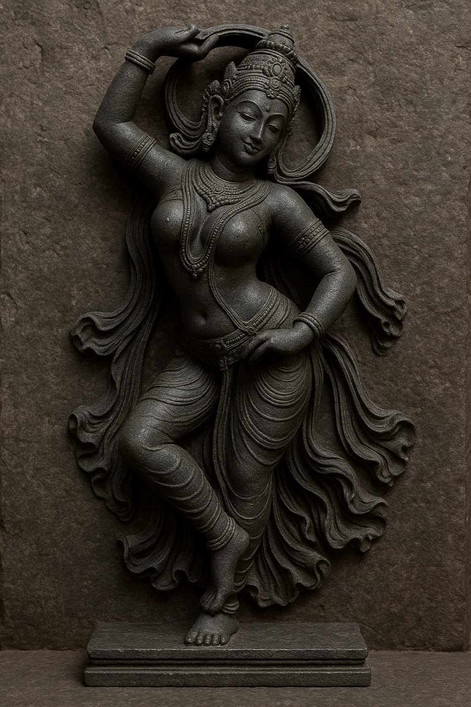 Apsara, carved in dark basalt