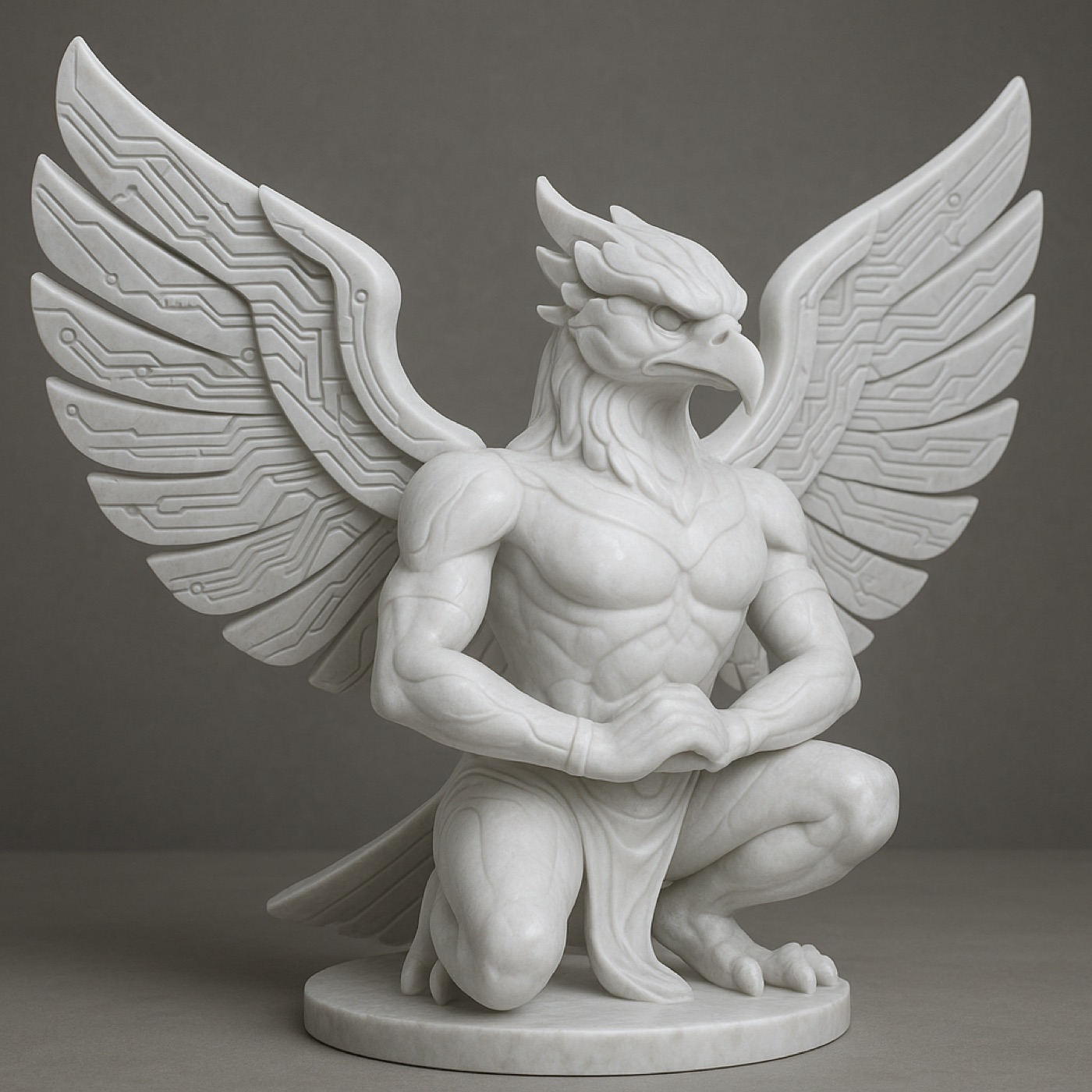 Garuda in white marble, wings open