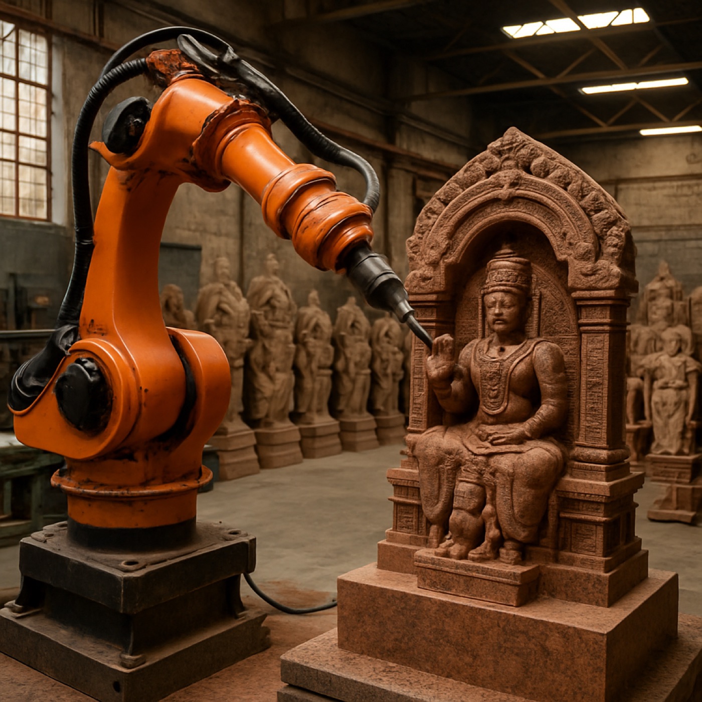 A KUKA robot arm carving a stone figure in the atelier