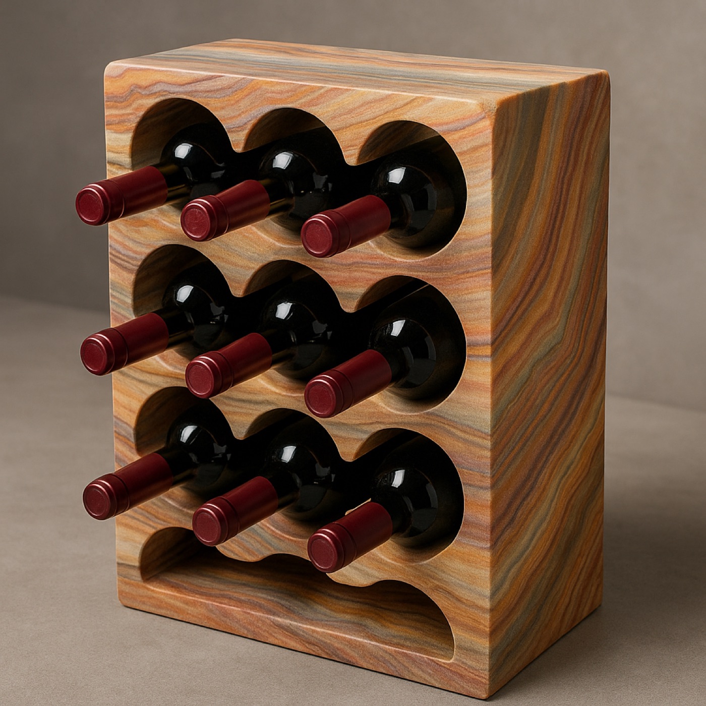 A wine rack carved from banded rainbow sandstone